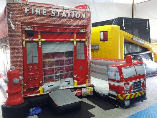 Fire Station combo bounce house, hoop, climber, and slide.