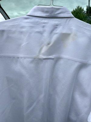 Yellow stains across stop back of shirt. Manager accused us of getting oil on it.