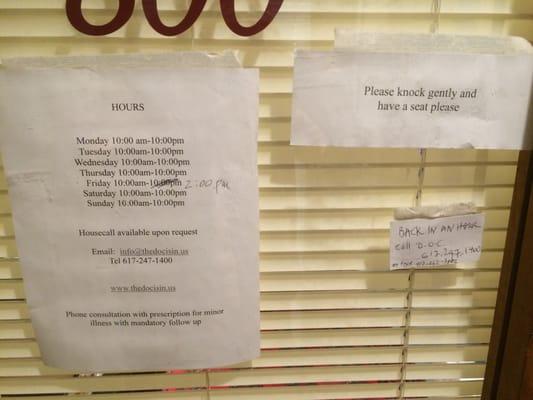 Back in an hour? Seen this sign at a few small town barber shops but at a [google searched] "Boston walk-in clinic" get real.