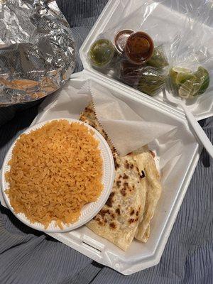 Side of rice ($2.50) and Large Quesadilla Meat