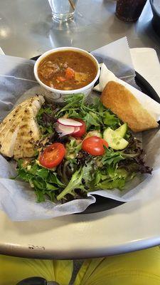 Burgundy beef stew, house salad with chicken on side