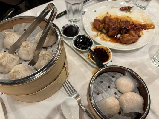 pork & crab xiao long bao, shrimp & scallion dumplings, general tso's chicken