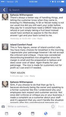 This is how the owner replies VERY UNPROFESSIONAL I hope their business is kicked off post