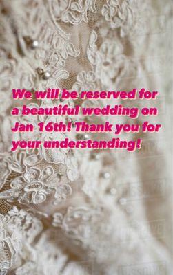 Sorry, we are reserved for a big wedding this Saturday, Jan 16th 2021!Thank you!