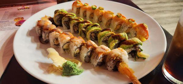 Top to bottom: Nagoya Roll, Dragon Roll, Double Shrimp Roll.