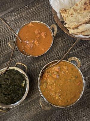 Saag Paneer, Chicken Tikka Masala, Vegetable Korma, Naan