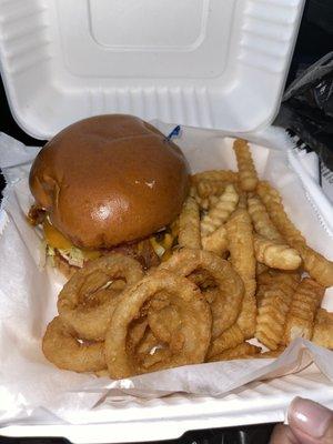 Delicious Bacon Cheese Burger with Onion Rings & Fries. It was all good!