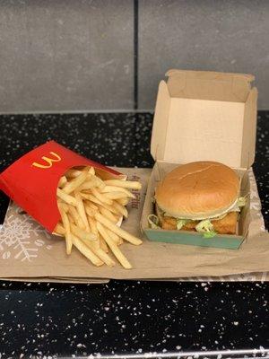 R to L: Filet-O-Fish (~$5) with Shredded Lettuce (35¢) & Medium French Fries (~$3).