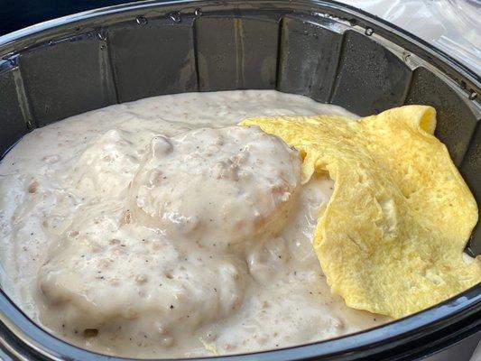 Biscuits and gravy with scrambled eggs.