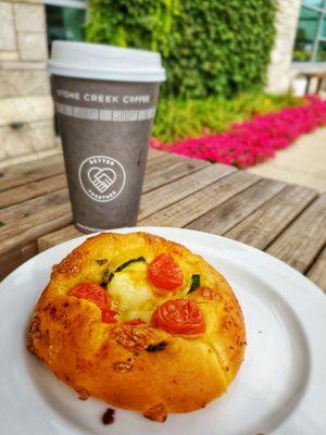 Vegetable ricotta bun and white mocha