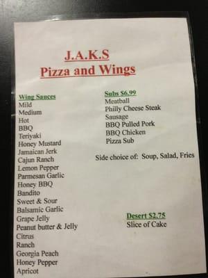 Wings and subs menu