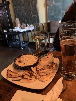 Blue Crab Dip - Blue crab meat w. parmesan, mozzarella & cream cheese, herbs, diced red peppers & onions served with grilled Naan bread