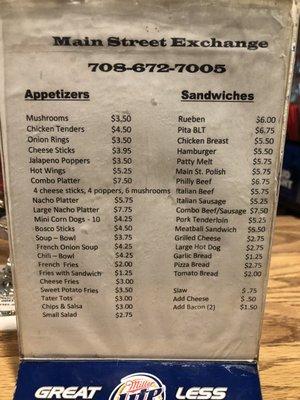 Menu at the bar