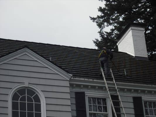 One of our OSHA compliant crews harnessed down on a roof.