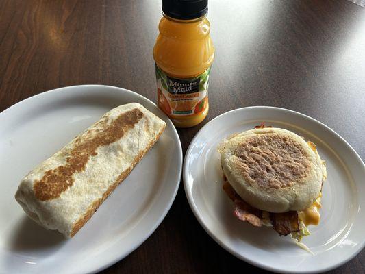 Breakfast burrito and breakfast sandwich.