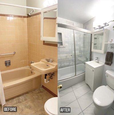 Before and after of a full bath remodel