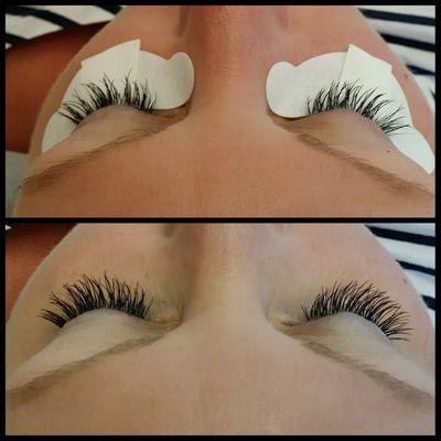 Top photo is how lashes look after two weeks of natural lash shedding. The bottom photo is after a two week fill.