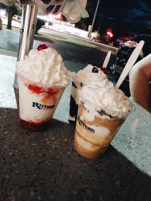 Strawberry shortcake, brownie sundae, peanut butter mountain (L to R)