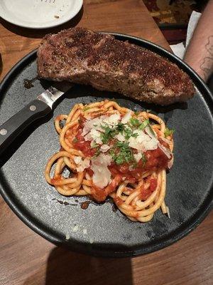 His New York with pasta and marinara! Yum!