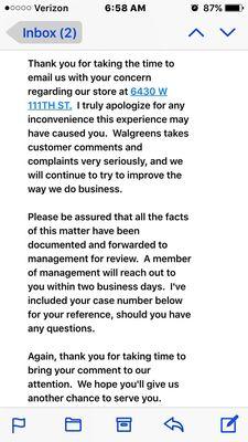 Email corporate sends u when u give a low Survey rating. If you ask them what they're going to do about it, they just resend it to you.