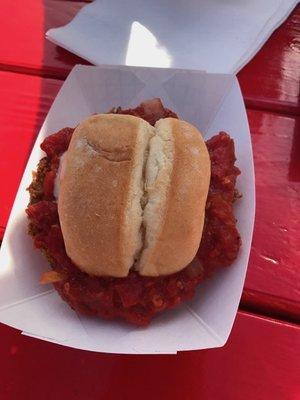 Tastier than it looks!  Eggplant parm slider.  Yummm.