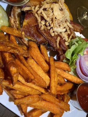 Wagu burger with sweet potato fries