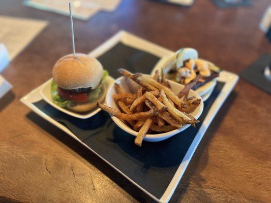 Waygu Truffle Slider, Pork Belly Bao Bun, and fries