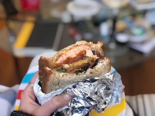 Salmon BLT w/ Mango Aioli & Fried Green Tomatoes on untoasted wheatberry bread is the wayyyy!