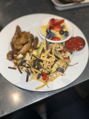 Vegan migas, potatoes and fruit