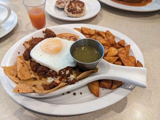 Mexico City Chilaquiles with chorizo and no beans