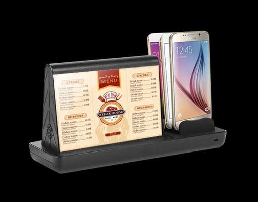 Our tabletop menu displays with phone chargers.