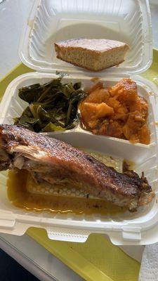 Lunch special...baked turkey wing, greens, sweet potatoes and corn bread