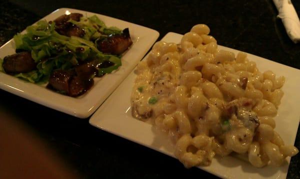 Mac and cheese plus devils on horseback, dates stuffed with goat cheese, Bacon, and pickled pears on mixed greens... Tasty!