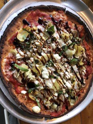 This pizza was AMAZING!!!  Cauliflower crust, goat cheese, feta cheese, mushrooms, basil leaves, artichoke hearts, tomatoes....THE BEST!!!