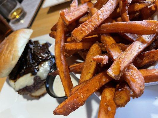 Bourbon Mushroom Burger and Sweet Potato Fries