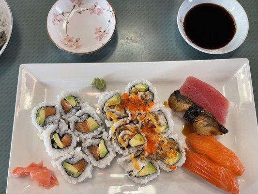 $12 sushi combo: Salmon Roll, Tempura Roll, Nigiri Roll