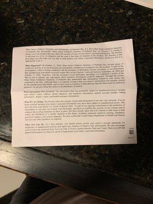 Picture of the letter about the data breach