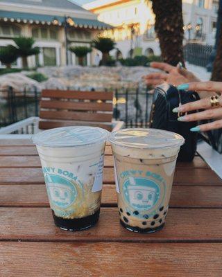 Sea salt black tea / $4.75 + Okinawa milk tea / $4.50. Both w/ boba / $0.60