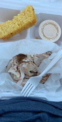 1/2 pound pulled chicken, white sauce, corn lite bread