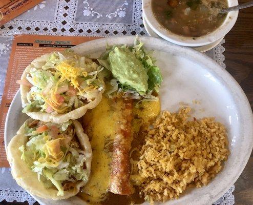 #1 Plate, 2 Cheese Enchilada, 2 Chicken Puffy Tacos, guacamole, rice & charro beans.