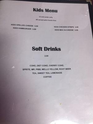 Kids menu and drink options