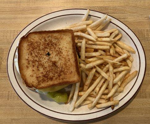 Gorilla Cheeseburger with fries.