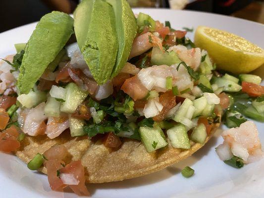 Shrimp ceviche was delicious! The tortilla shell to the freshness of the veggies on top of the boiled shrimp. Try it.