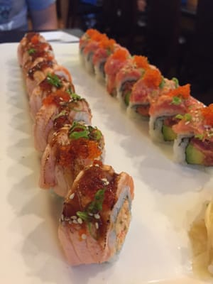 Salmon torch roll (left) and double spicy tuna roll (right)