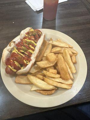 Bacon wrapped Hot Dog with fries