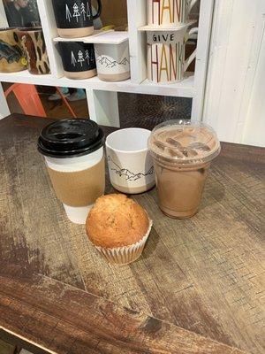 Chai, banana muffin, ice mocha