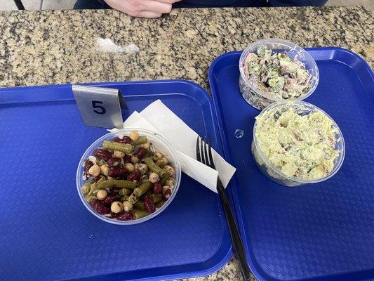 Salads: 3 bean, potato, and broccoli!