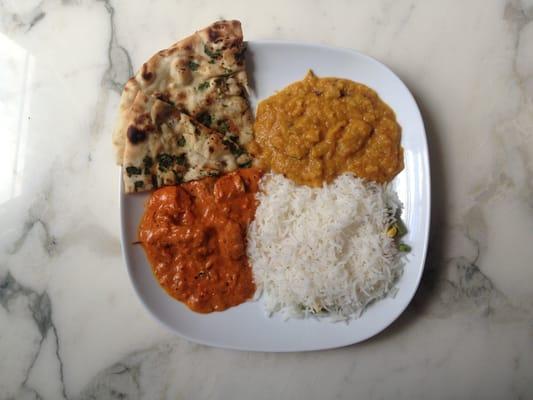 Garlic naan, dal tadka, rice and chicken tikka masala (carryout recommended)