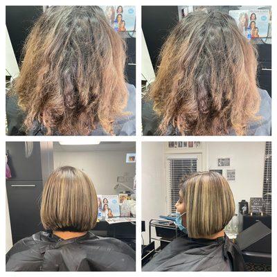 She Perm her hair herself and hair was dead  luckily I was able to save her hair and still do a balayage using Olaplex treatment