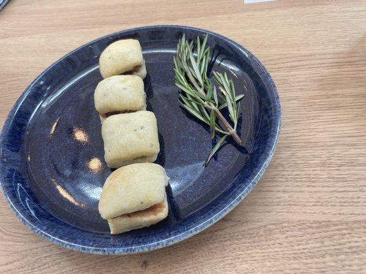 Little rosemary biscuits with duck, butter and jam